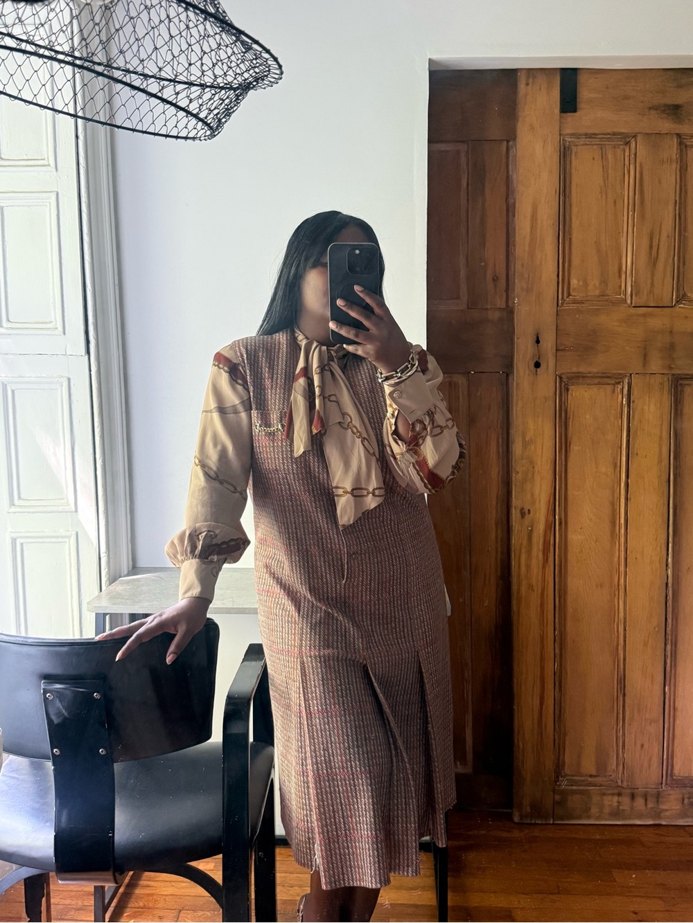 Vintage Plaid Jumper Dress Brown Preppy Pleated Equestrian French Girl